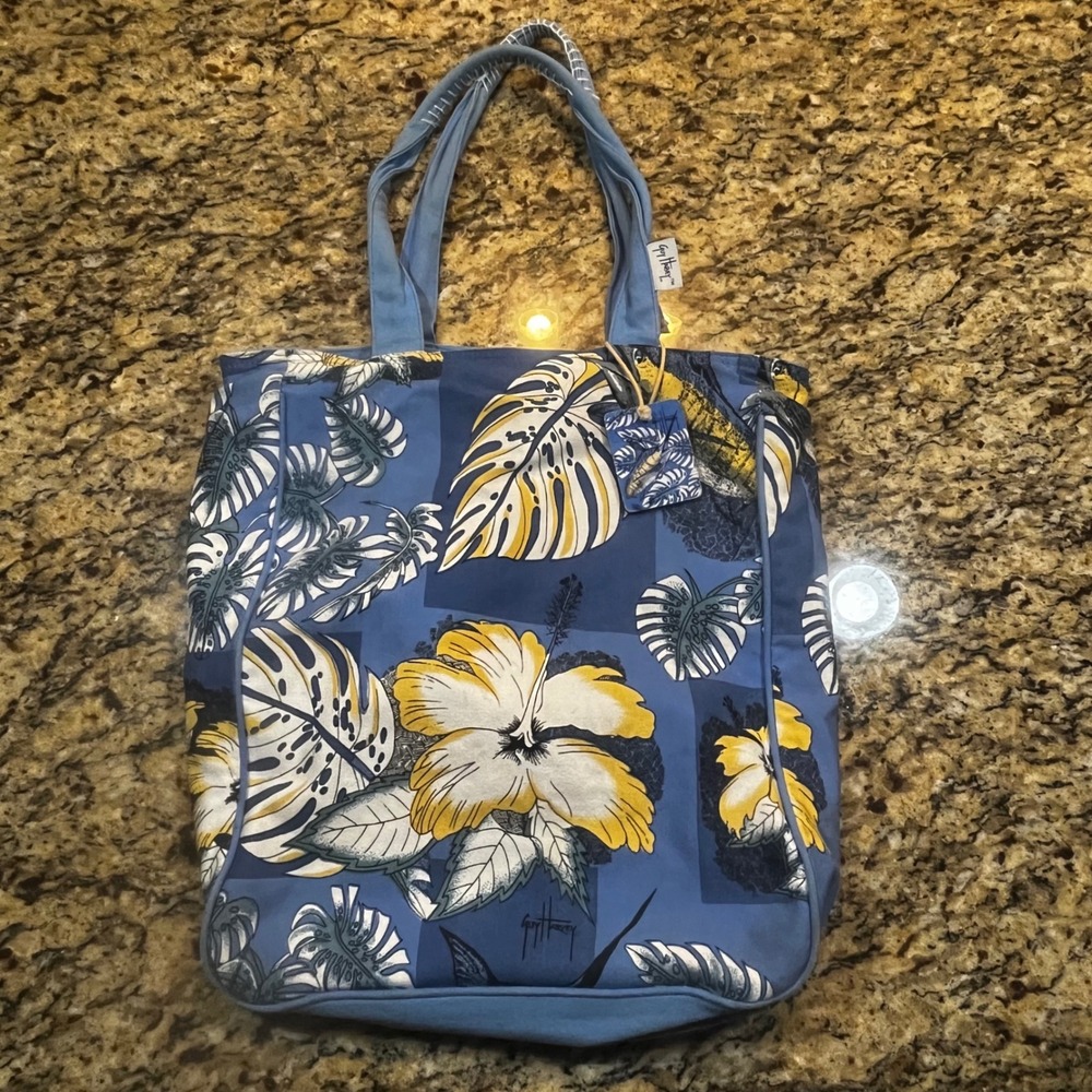 Guy Harvey Blue Tropical Floral Marlin Canvas Tote Bag Beach Shoulder Bag Zip